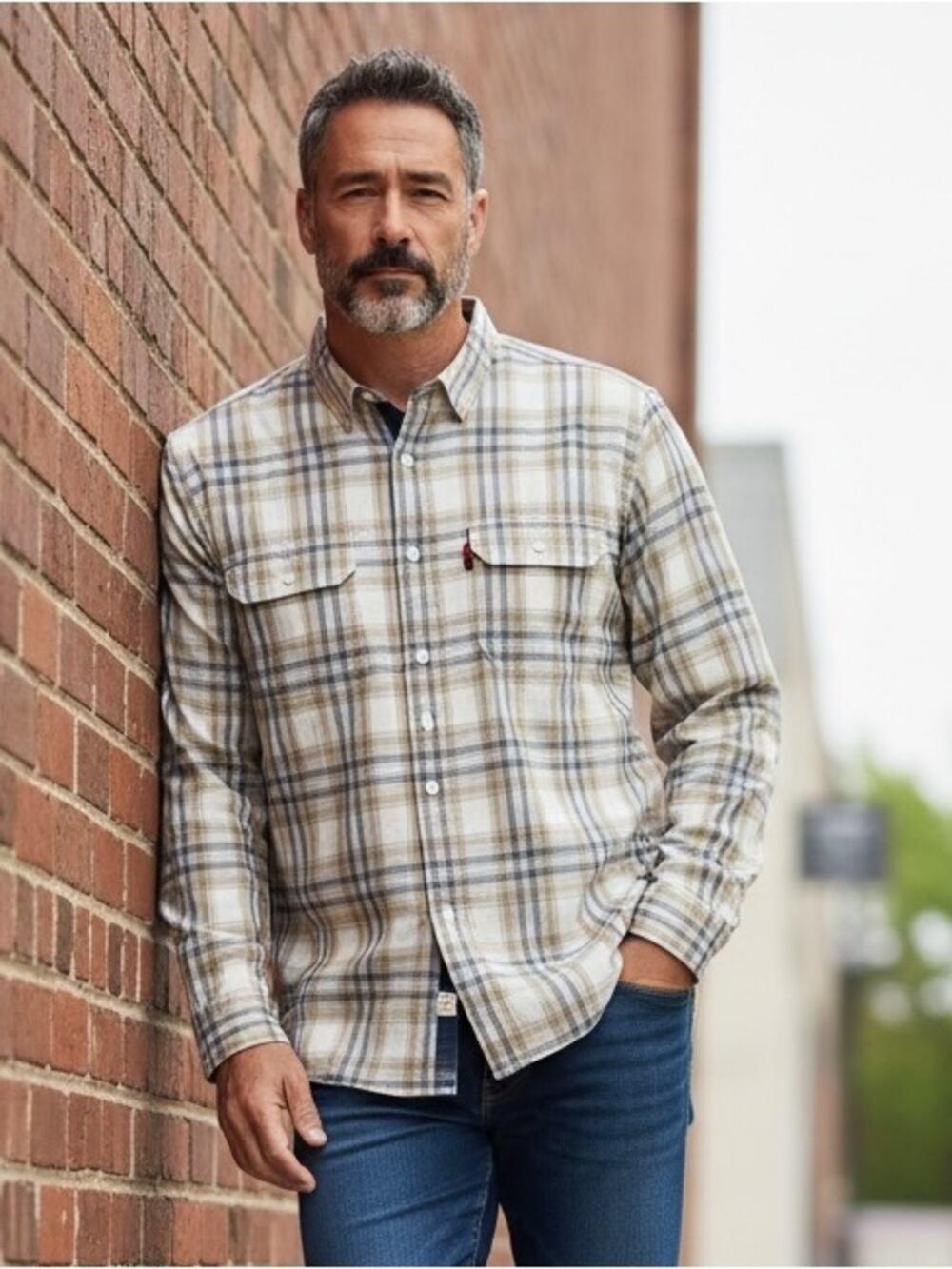 LEVI’S Men’s XXL White Tan Plaid Western Dress Shirt